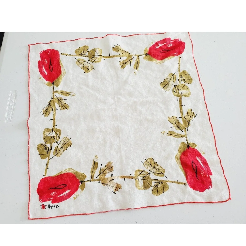 Vera Neumann Vintage‎ Linen Napkins Set 2 Red Teal Blue Rose Floral MCM 70s